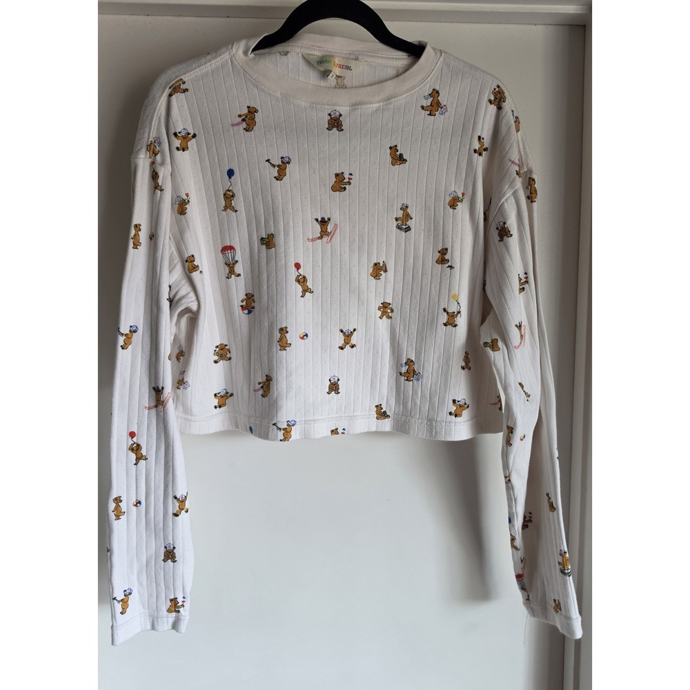 Teddy Fresh Long Sleeve T-Shirt S Off-White Graphic Print Cotton Crew Neck Top